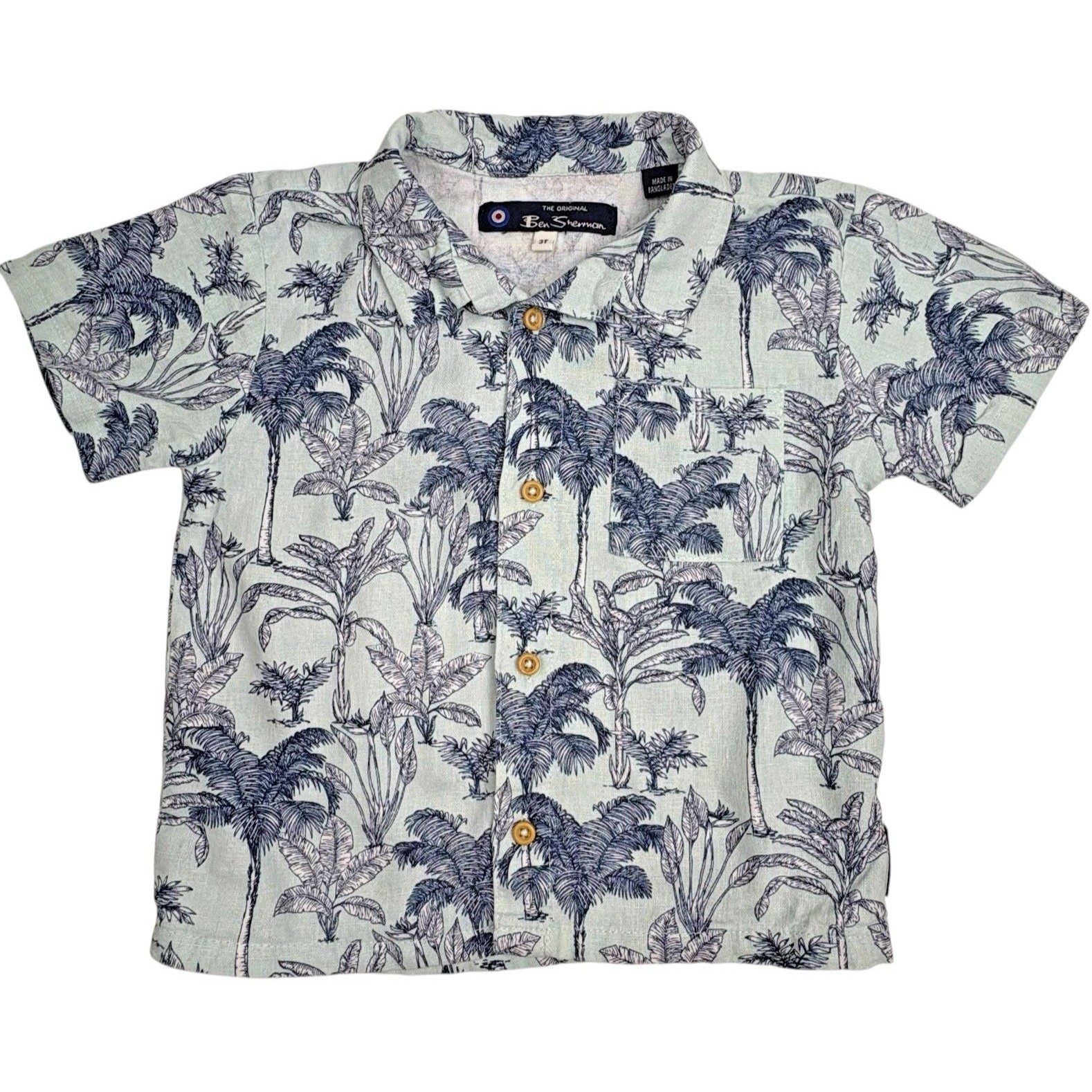 Ben Sherman Linen Blend Hawaiian Shirt Vacation Summer Tropical Light Blue 3t